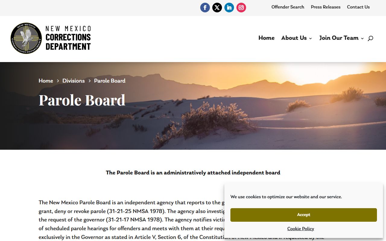 New Mexico Parole Board page for NMCD inmate population release context