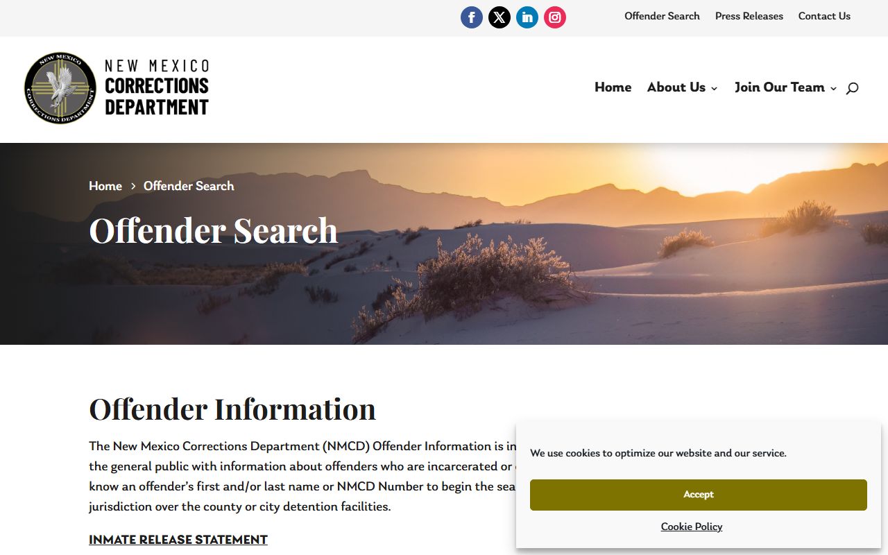 New Mexico inmate search NMCD offender search instruction page